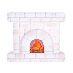 A 3D stylized white brick fireplace with an arched opening and a small fire burning inside.