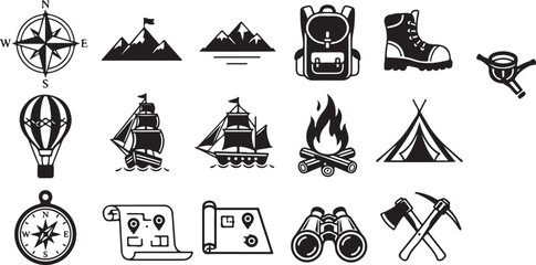 Adventure Travel Icon Set – Camping, Hiking, Exploration Symbols

Outdoor Exploration Line Icons – Mountains, Ships, Maps & More

Travel and Adventure Outline Icons Pack for Outdoor Activities