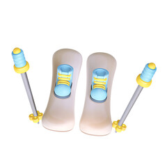 A 3D stylized ski set with two beige skis, blue boots, and ski poles with yellow and blue handles.