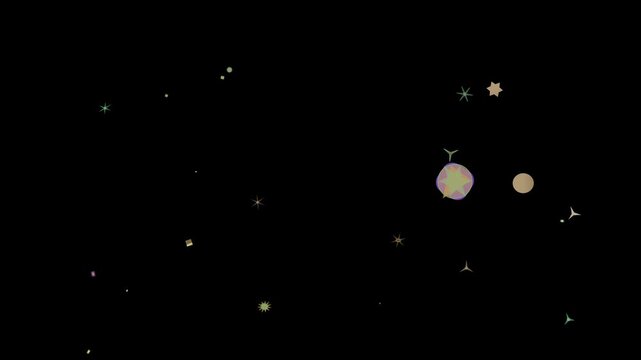 A whimsical cosmic dance unfolds with stars, planets, and geometric shapes scattered across the inky canvas of space, creating a celestial ballet