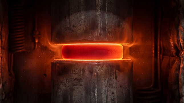 Glowing Red Ceramic Pellet Inside Industrial Hot Press Furnace