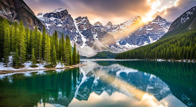 A stunning landscape featuring turquoise-clear lake water surrounded by tall evergreen trees and dramatic rocky mountains partially covered in snow. Sun rays break through the clouds, illuminating the - Powered by Adobe