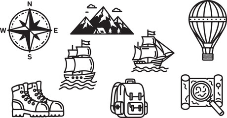 Adventure Travel Icon Set – Camping, Hiking, Exploration Symbols

Outdoor Exploration Line Icons – Mountains, Ships, Maps & More

Travel and Adventure Outline Icons Pack for Outdoor Activities