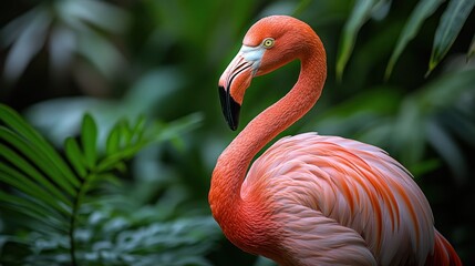 Close-up of a vibrant pink flamingo