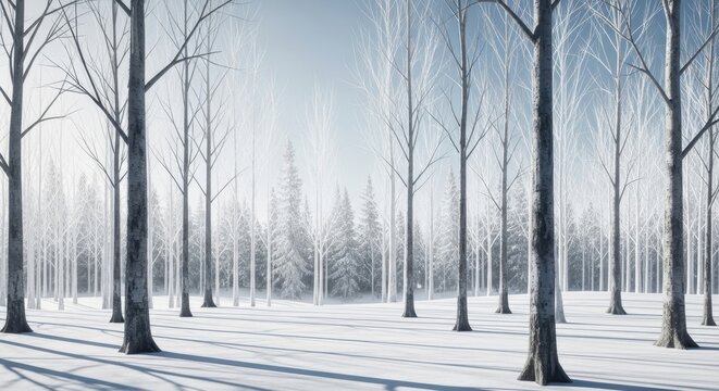 Serene winter forest landscape with snow-covered trees under a bright sky offering a tranquil escape - Powered by Adobe