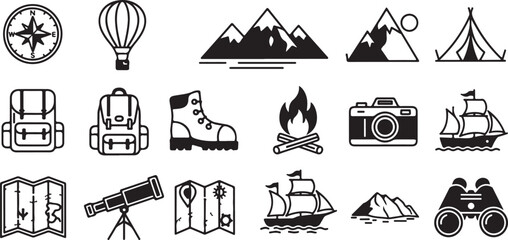 Adventure Travel Icon Set &ndash; Camping, Hiking, Exploration Symbols

Outdoor Exploration Line Icons &ndash; Mountains, Ships, Maps & More

Travel and Adventure Outline Icons Pack for Outdoor Activities