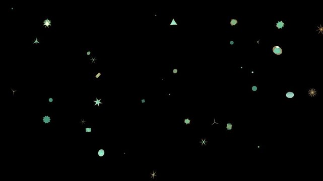 A celestial dance of geometric shapes unfolds against the inky canvas of space, where stars twinkle and cosmic dust swirls in an ethereal ballet