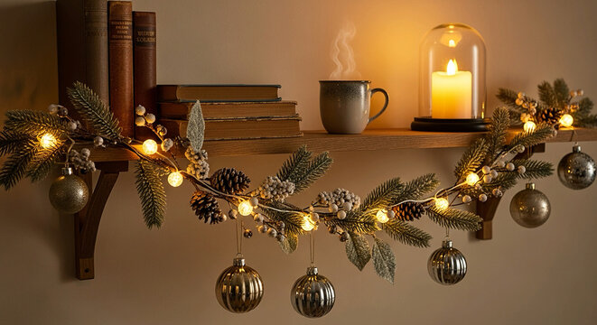 Create a cozy Christmas atmosphere with a steaming mug, warm candlelight, and festive ornaments adorning a rustic shelf, perfect for holiday cheer and winter vibes