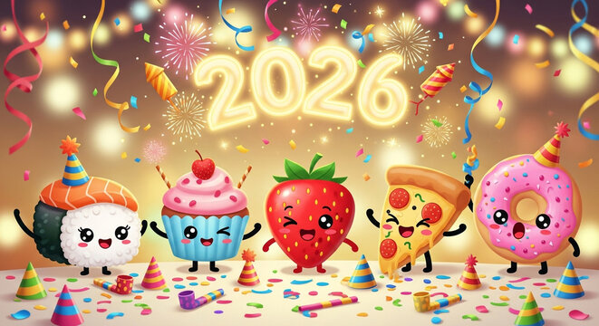 Cute cartoon food characters including sushi, cupcake, strawberry, pizza, and donut celebrate new year 2026 with festive party decorations, confetti, and fireworks