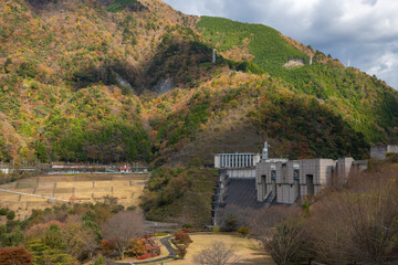 Abt System Locomotive on the Ikawa Line near Nagashima Dam, Shizuoka / Steep Gradient Railway and Autumn Mountain Scenery