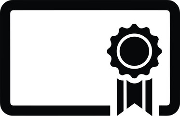 Black and white icon of a certificate with a ribbon and seal award badge
