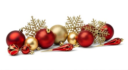 Vibrant Red and Gold Christmas Ornaments with Sparkling Snowflakes on White Background for Holiday Celebrations