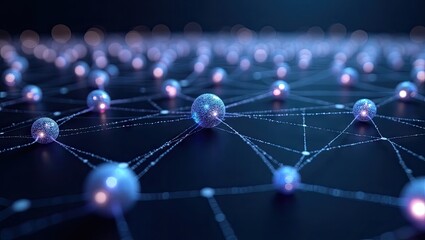 A mesmerizing digital illustration showcases a network of interconnected glowing spheres, suggesting a complex system with light trails and a blurred background to create depth, all presented in a...