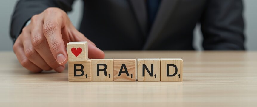 Craft your brand with heartfelt dedication, using wooden blocks to spell out success. Ideal for marketing, advertising, and business growth strategies.