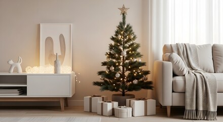 Festive and cozy holiday living space adorned with a sparkling Christmas tree and presents