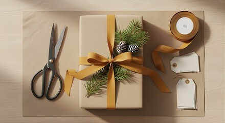 Flat lay of Christmas holiday gift wrapping preparation with scissors, ribbon, and tags