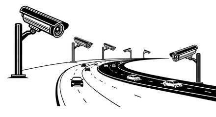 Black and white illustration of surveillance cameras monitoring cars on highway