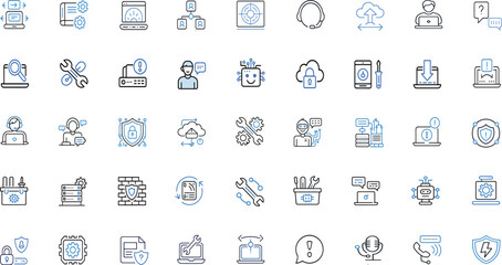 Tech Support Vector Icon Set – IT Helpdesk, Cybersecurity, Troubleshooting, AI Assistance, System Backup – Editable Stroke Modern Line Icons