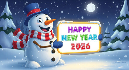 A cheerful snowman in a blue hat and red scarf holds a happy new year 2026 sign in a magical snowy night scene with pine trees and a bright full moon