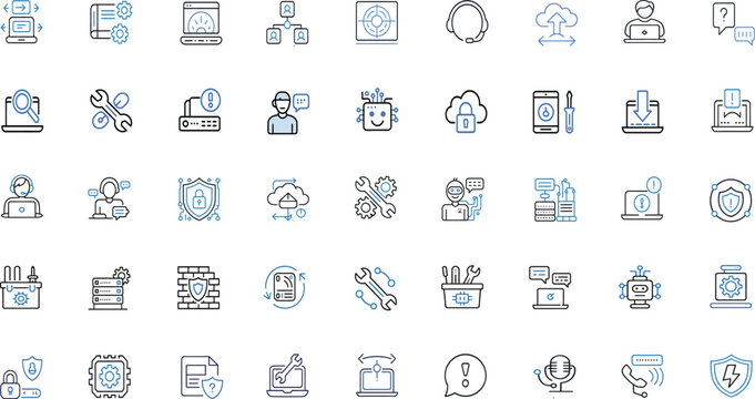 Tech Support Vector Icon Set – IT Helpdesk, Cybersecurity, Troubleshooting, AI Assistance, System Backup – Editable Stroke Modern Line Icons