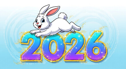 A cute cartoon white rabbit with a happy expression lies on sparkling, colorful 2026 numbers, set against a light blue background, symbolizing the new year