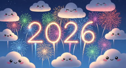 A vibrant and cheerful illustration celebrating the arrival of the year 2026, featuring sparkling fireworks illuminating the night sky and adorable, happy clouds