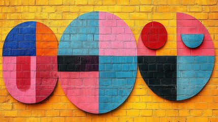 Colorful circles, abstract pattern on yellow brick wall