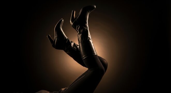 Dramatic pose featuring high fashion leather boots in a studio setting against dark backdrop