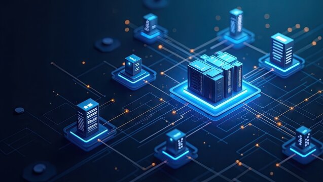 Centralized data server cluster connected with multiple distributed servers, illustrated with glowing blue lines and light dots, depicting a complex networking structure and high-tech digital... - Powered by Adobe