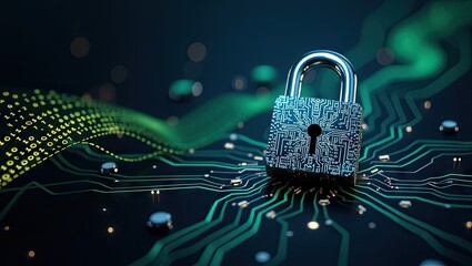 Cyber security concept depicts a digital padlock composed of intricate circuit board patterns, placed on top of a glowing circuit board, symbolizing data protection and network safety with a gradient
