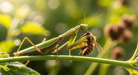 Dramatic showdown a praying mantis captivatingly hunts a honeybee amidst foliage
