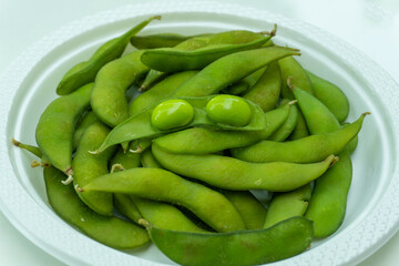 Japanese Raw Edamame Beans, fresh soy beans ready for eat. Top view