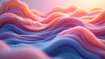 Abstract depiction of rolling fabric or fluid formations, displaying a gradient of warm colors like peach and pink that fade into cooler blues and purples, creating a soft, dreamy and visually...
