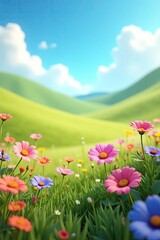 Obraz premium Colorful wildflowers bloom in a vibrant meadow with green rolling hills under a bright blue sky, fluffy white clouds, and sunny weather creating a cheerful and natural landscape suitable for outdoor