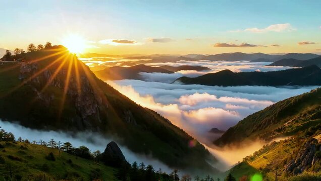 Brilliant Sunrise Over Majestic Mountain Peaks Above a Sea of Clouds at Dawn