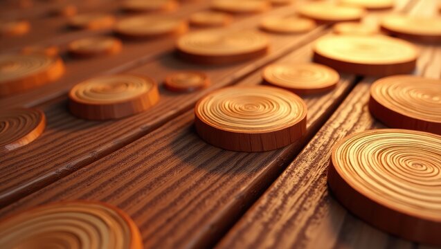 Wooden discs with visible growth rings are arranged diagonally on a wooden plank surface, displaying natural warm tones and textures with a shallow depth of field and soft, ambient lighting.
