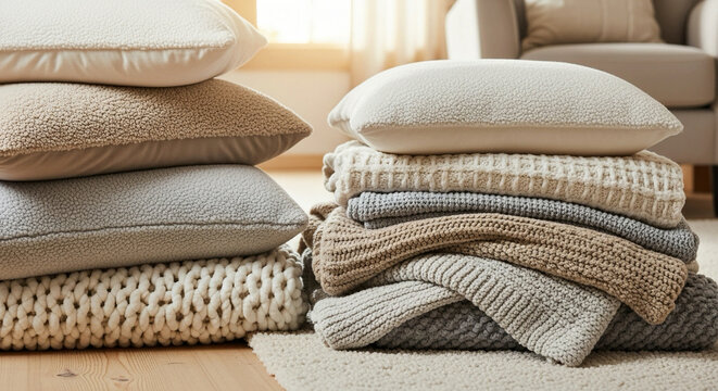 Create a cozy, inviting atmosphere with this stylish stack of soft pillows and chunky knit blankets in neutral tones perfect for adding warmth to modern home decor