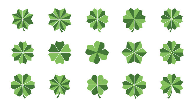 Collection of stylized green shamrocks and clovers in various designs and arrangements, symbolizing luck and St. Patrick's Day.