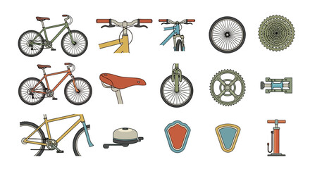 Illustration of various bicycle parts and complete bikes.
