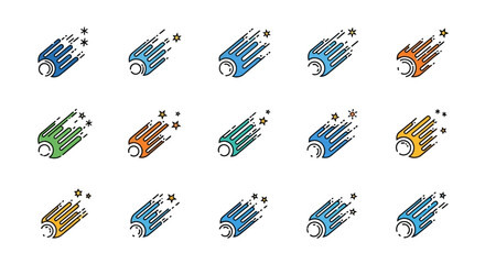 Fototapeta premium Collection of colorful cartoon shooting star icons with various color schemes and star trails.