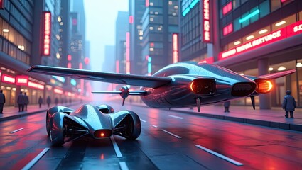 Futuristic cityscape scene featuring sleek, modern vehicles, including a car and an aircraft, navigating a vibrant city street with neon lights in a visual representation of urban mobility and...