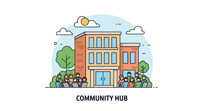 Illustration of a community hub building with people outside.