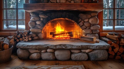 Cozy fireplace with logs burning in a rustic cabin