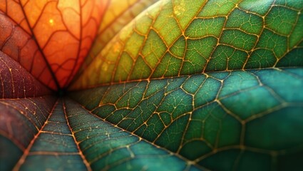 Detailed  reveals the intricate patterns and vibrant color gradients within a single leaf, showcasing rich hues of red, orange, green, and teal, evoking a sense of natural beauty and complex organic