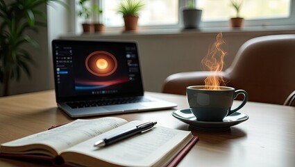 Warm beverage with rising steam sits next to a laptop displaying a digital interface, an open notebook, and a pen resting on a wooden surface, 
