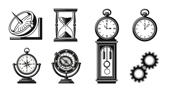 Vintage timekeeping collection featuring sundial, hourglass, grandfather clock, pocket watch, compass, astrolabe and gears for historical projects