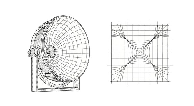 Intricate engineering blueprint of a parabolic reflector alongside a complex mathematical graph showcasing curved lines and grid patterns