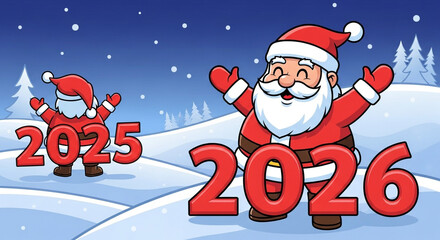 Cheerful santa claus celebrates the arrival of 2026 in a festive winter wonderland, with a smaller santa representing 2025 in the background, symbolizing a happy new year transition and holiday season