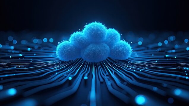 Illuminated blue cloud formation with textured spheres, floating above a network of glowing lines, illustrating digital communication and a futuristic data environment with a dark, blurred background.