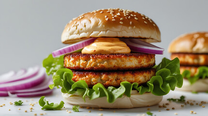 Delicious gourmet burger with fresh ingredients and sesame seed bun on a white surface